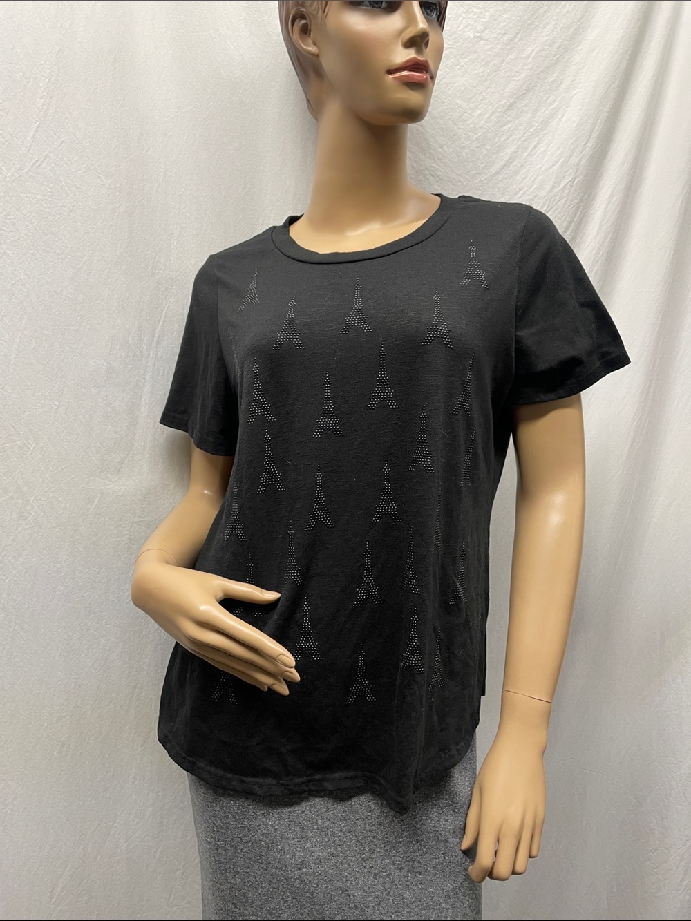 Twelfth Love Women's Black Short-Sleeve Rhinestone Eiffel Tower Tee